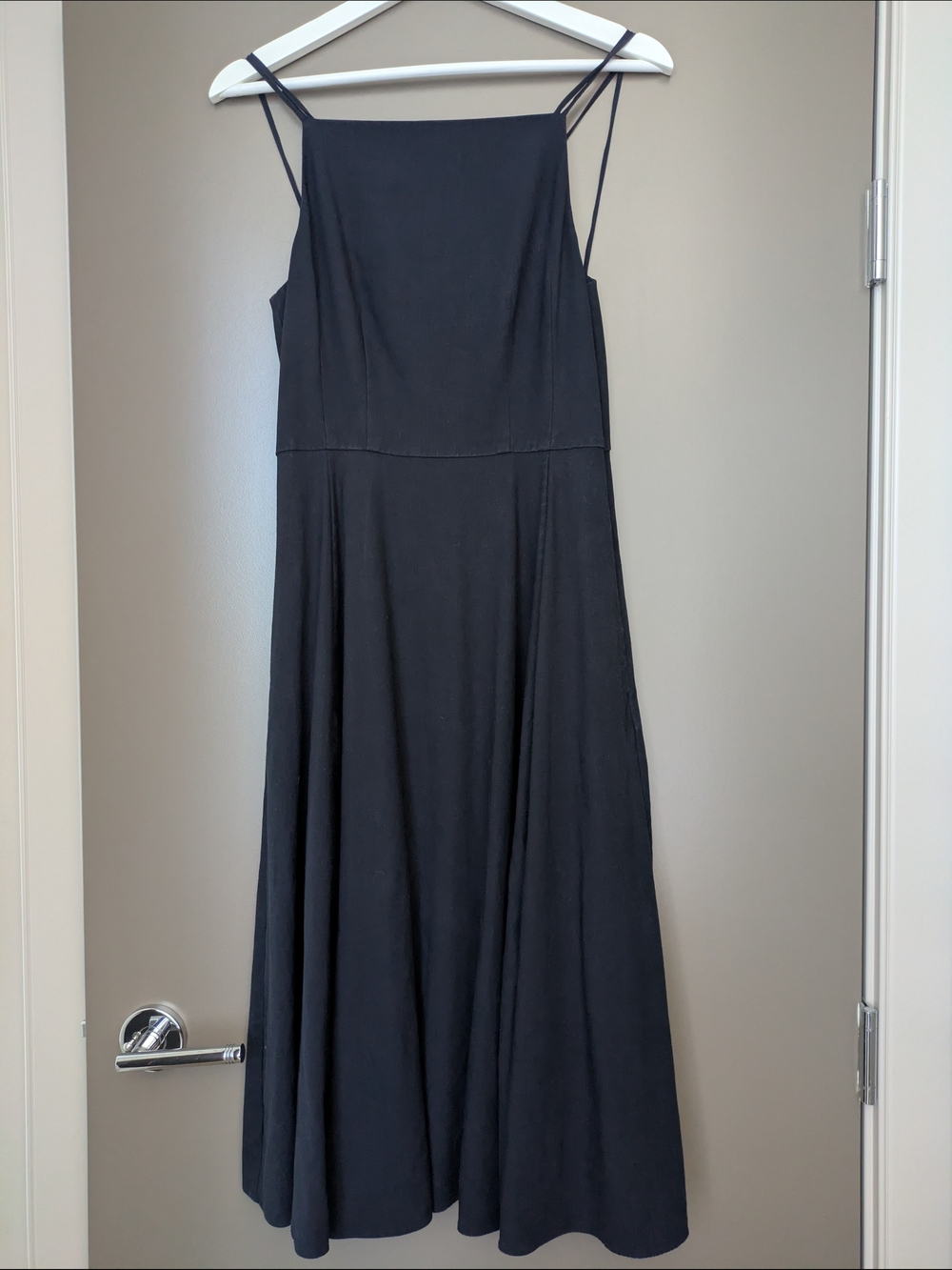 Theory Square Neck Voluminous Dress Caliver Linen Deep Navy Blue Crossback 4